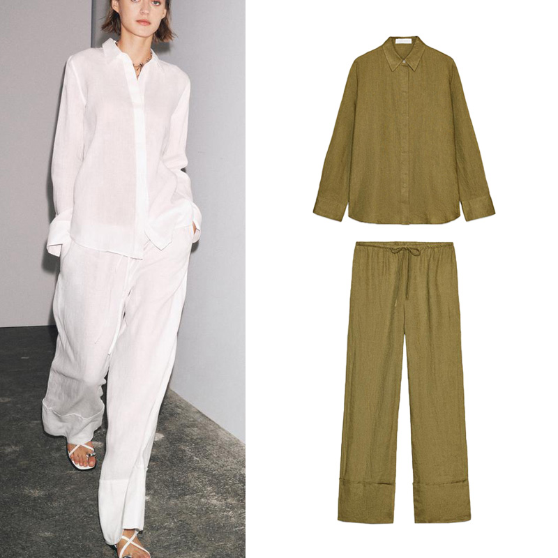 Linen Pant Wide - Modny dwuczęściowy zestaw: koszula z długim