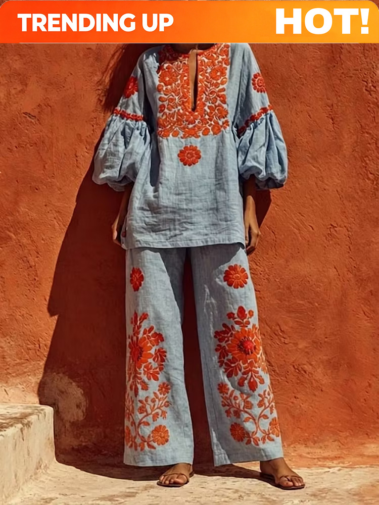 Linen Pant Wide - Damski dwuczęściowy zestaw w stylu boho