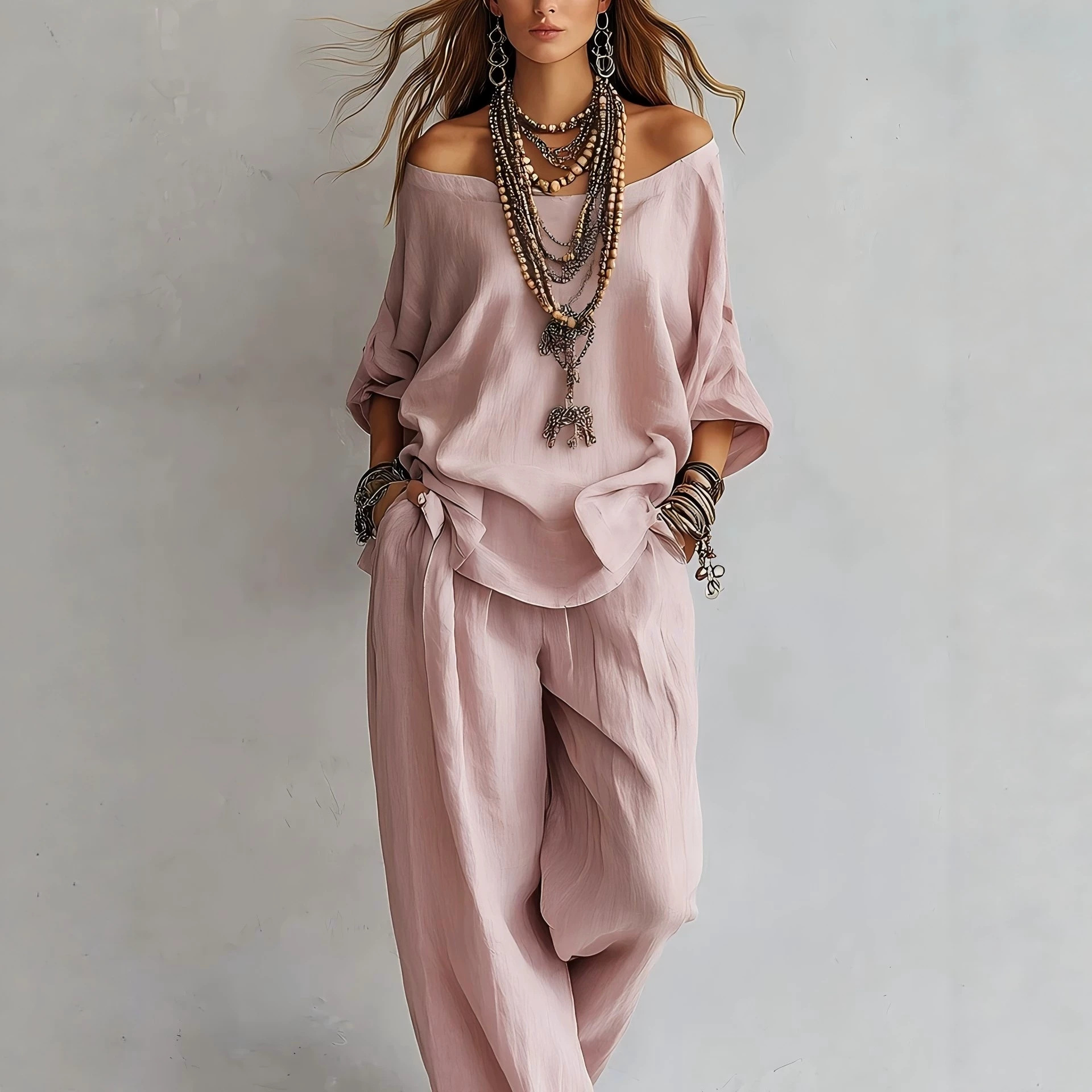 Linen Pant Wide - Luźny lniany top z rękawem 3/4