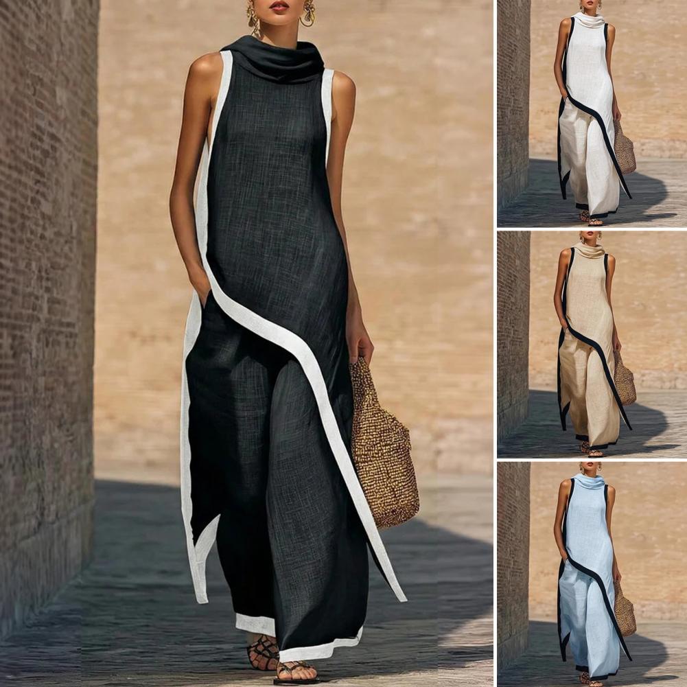 Linen Pant Wide - Damski dwuczęściowy komplet z bawełny i