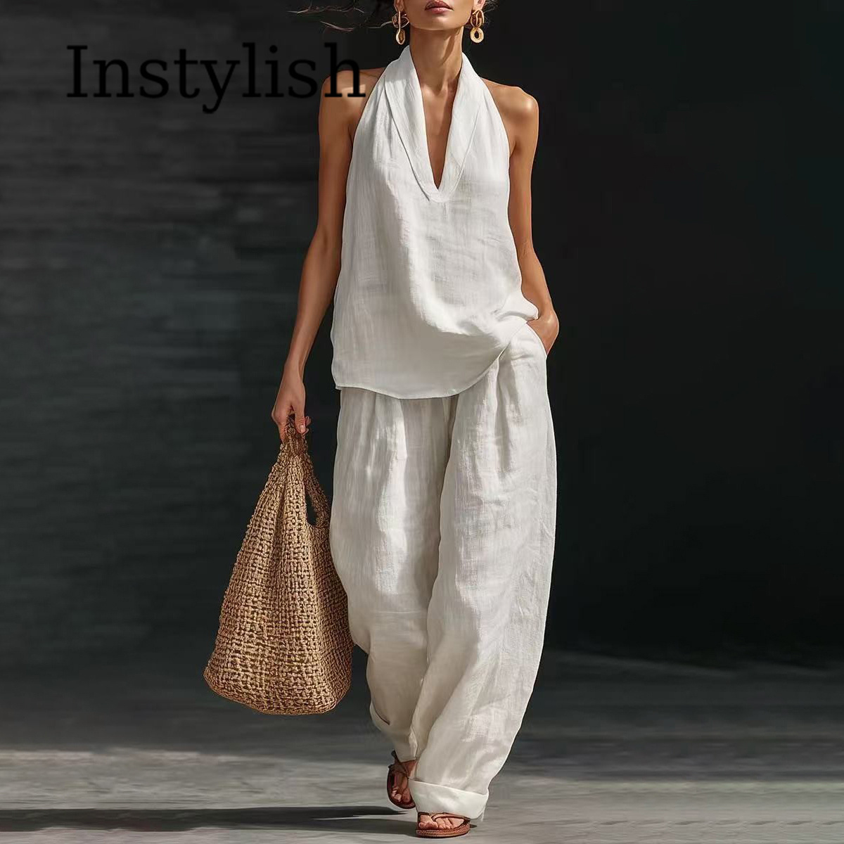 Linen Pant Wide - Letni damski lniany komplet: top bez