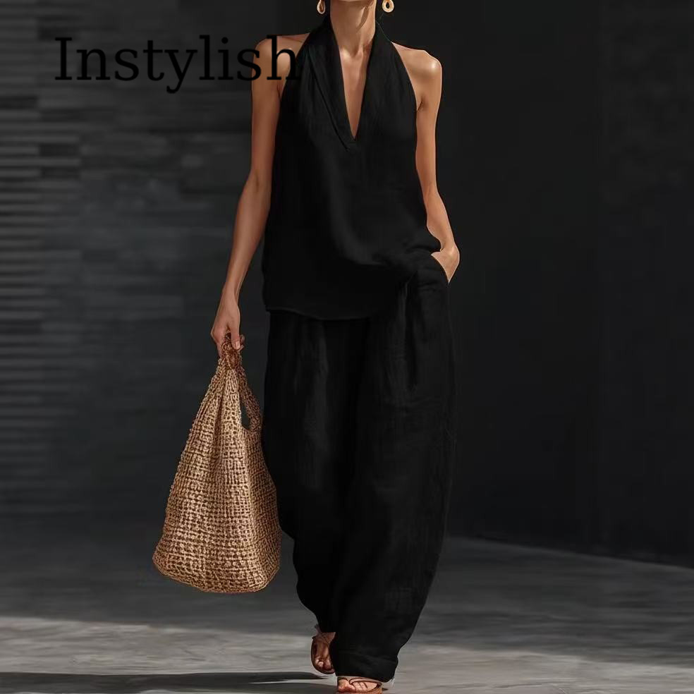 Letni damski lniany komplet: t – Linen Pant Wide recenzja i cena